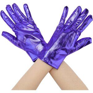 Women's Blue Shimmer Metallic Shiny Full Finger Short Gloves Party Costume